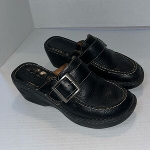 Born-8-Black-silver buckle,thick stitch,leather, wedge,slip on clog,comfort shoe